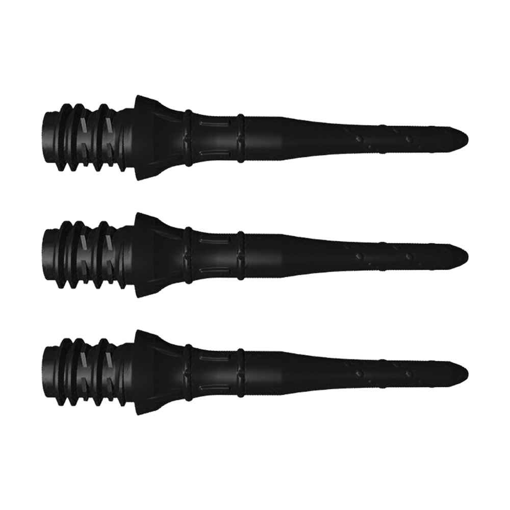 Auf dem Bild sind drei schwarze L-Style Premium Lippoints Short zu sehen. Diese kurzen Spitzen werden im 30er Pack für Softdarts angeboten.